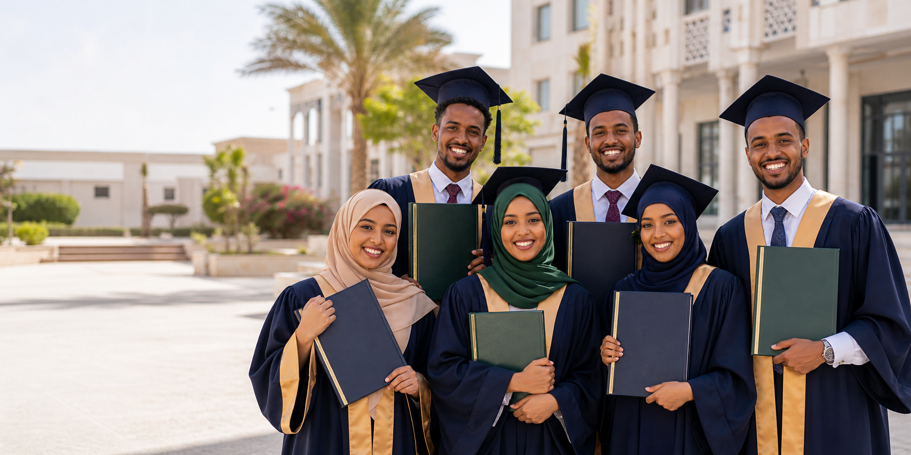 Somali graduates celebrating success with thesis books