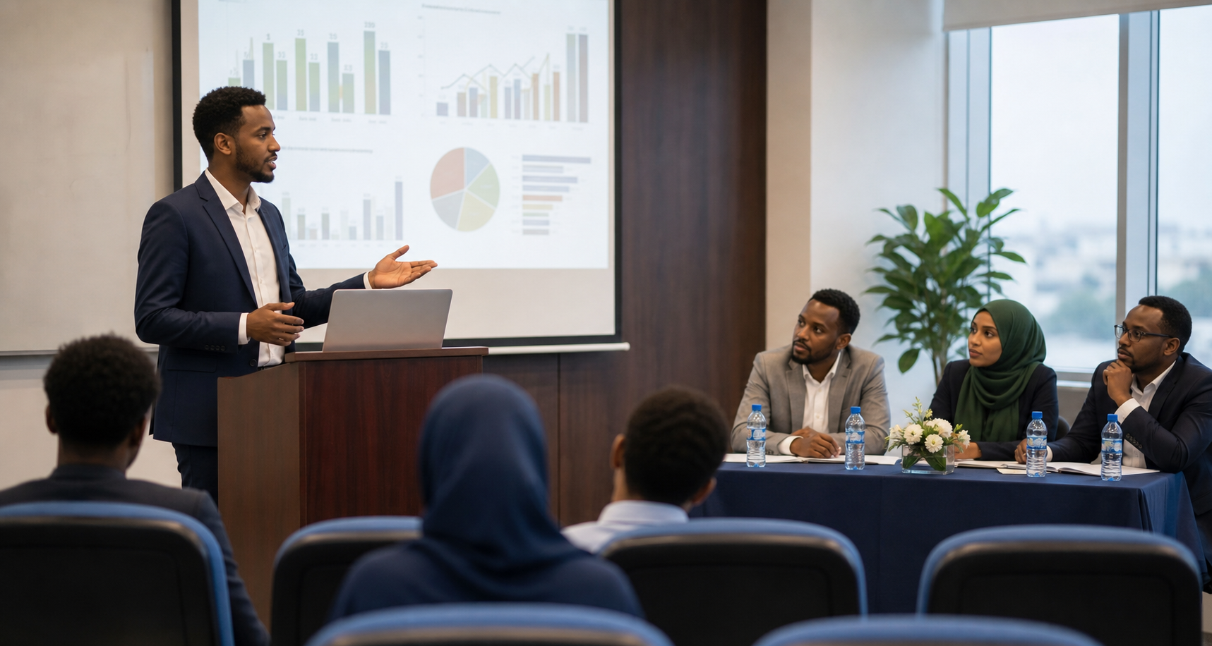 Somali graduate student defending a thesis presentation